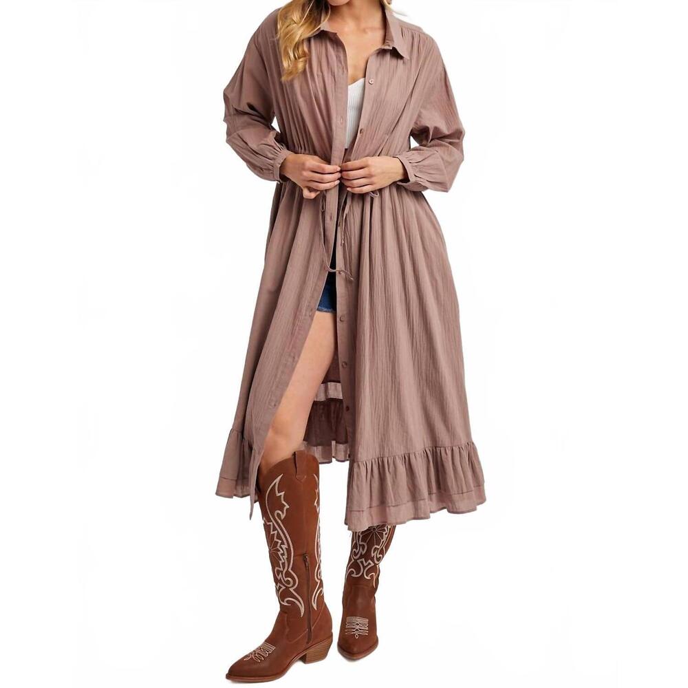 NEW BLUIVY ruffled midi open duster shirt dress in mauve - Picture 7 of 7